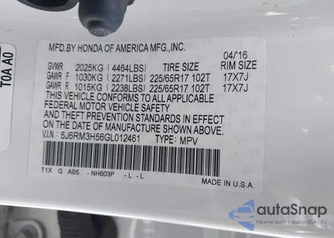 2016 Honda Cr-V Ex from USA, damaged, VIN 5J6RM3H56GL012461